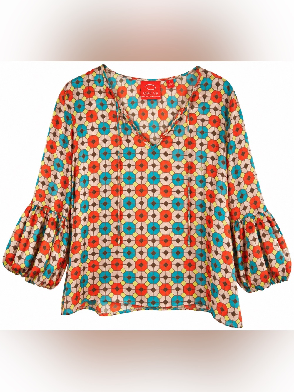 Oscar De La Renta Silk Blouse 8 Mod Geometric Boho Peasant Tunic Tie Neck Top